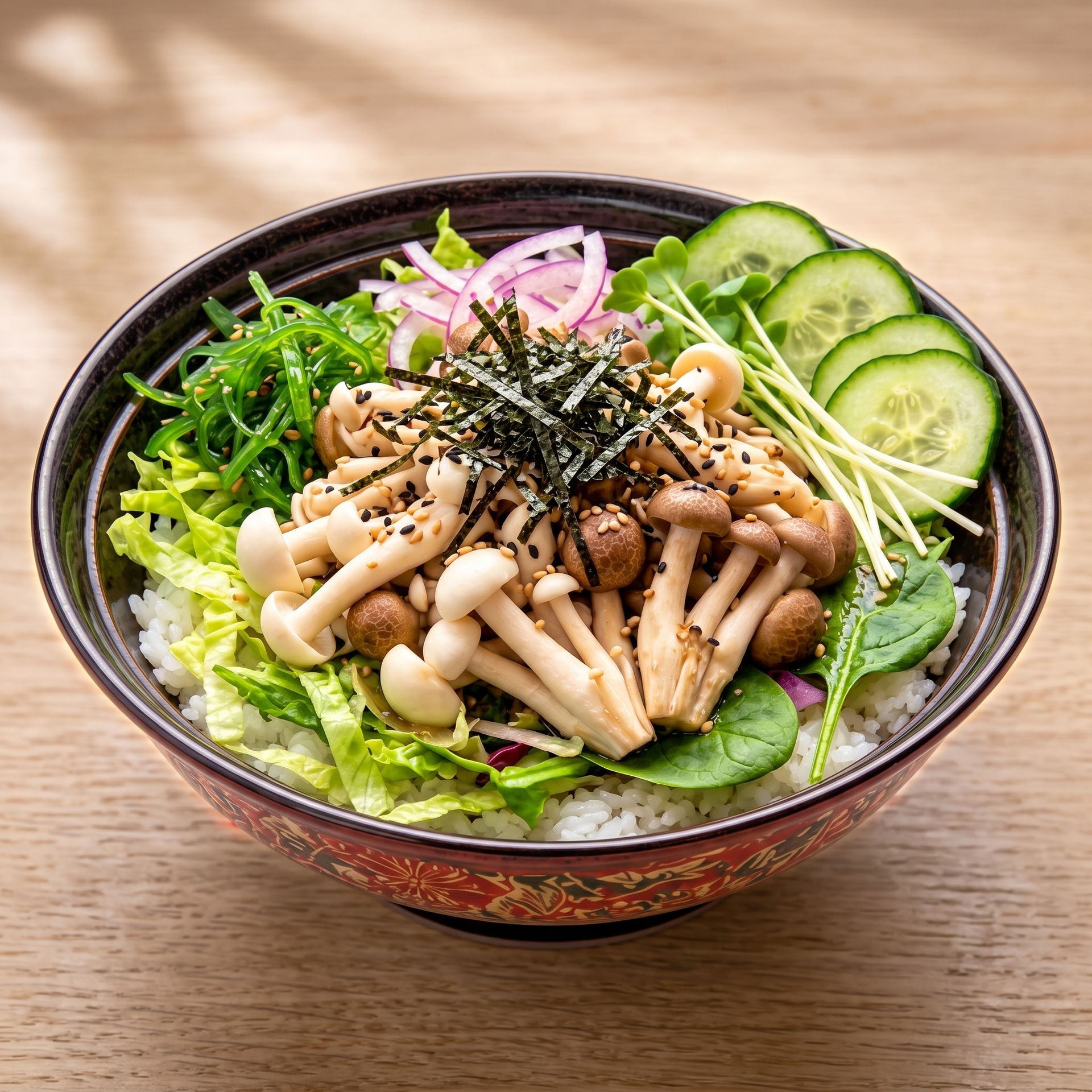 Mushroom salad bowl with cucumber, greens, seaweed, and sesame seeds on a wooden table