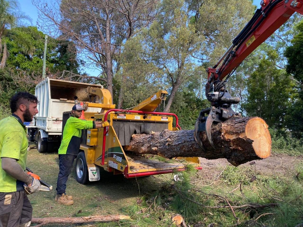 Worker loading a large log onto a truck with a grapple crane in a wooded area