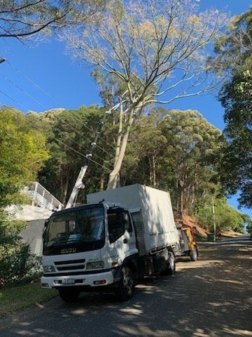 White box truck parked on a steep tree-lined street beside a hillside wall under a blue sky