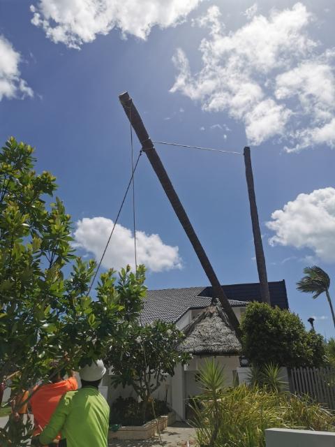 Two tall poles with cables over a tiled house, with a person in an orange hat in the foreground