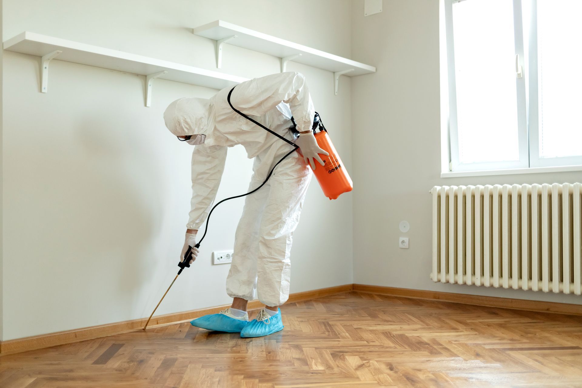 Empire Pest Control technician performing termite treatment in Rocky Mount, NC, spraying pesticide along wooden floor edges.