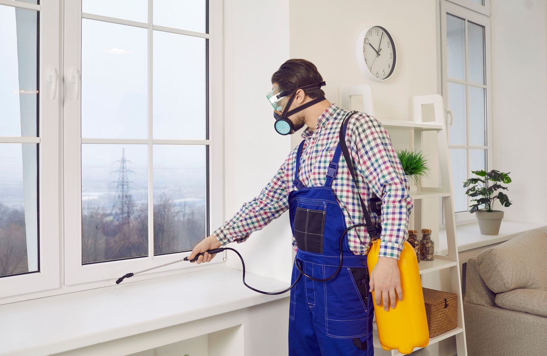 A pest control man spraying a window frame at home.