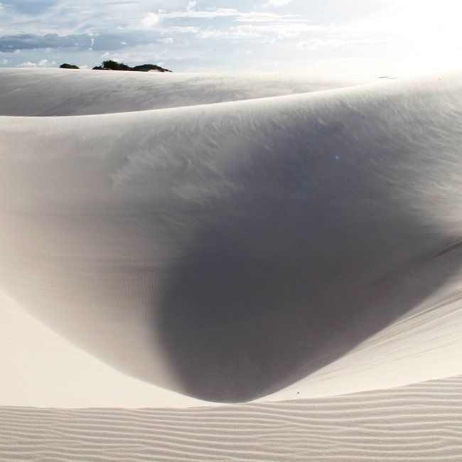 A close up of a sand dune with trees in the background