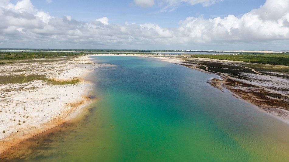 An aerial view of a large body of water surrounded by trees.
