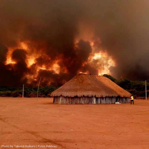 A burning village with a burning forrest on the background