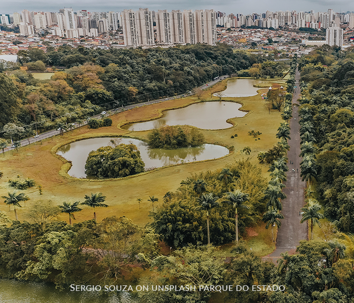 An aerial view of a park with a city in the background
