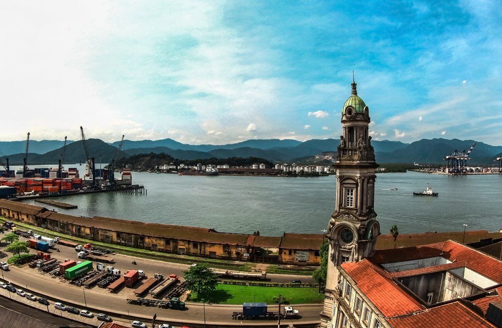 A panoramic view of a port in Santos