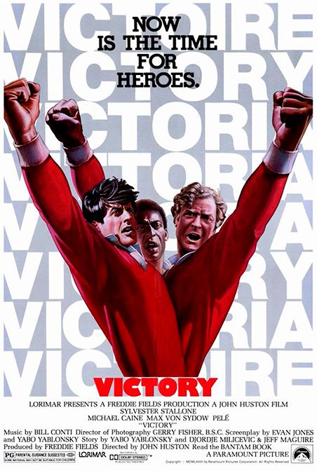 A movie poster for victory shows a man with his arms in the air