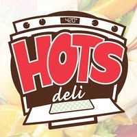 Logo for Hots Deli. Red letters on brown background. Oven reads
