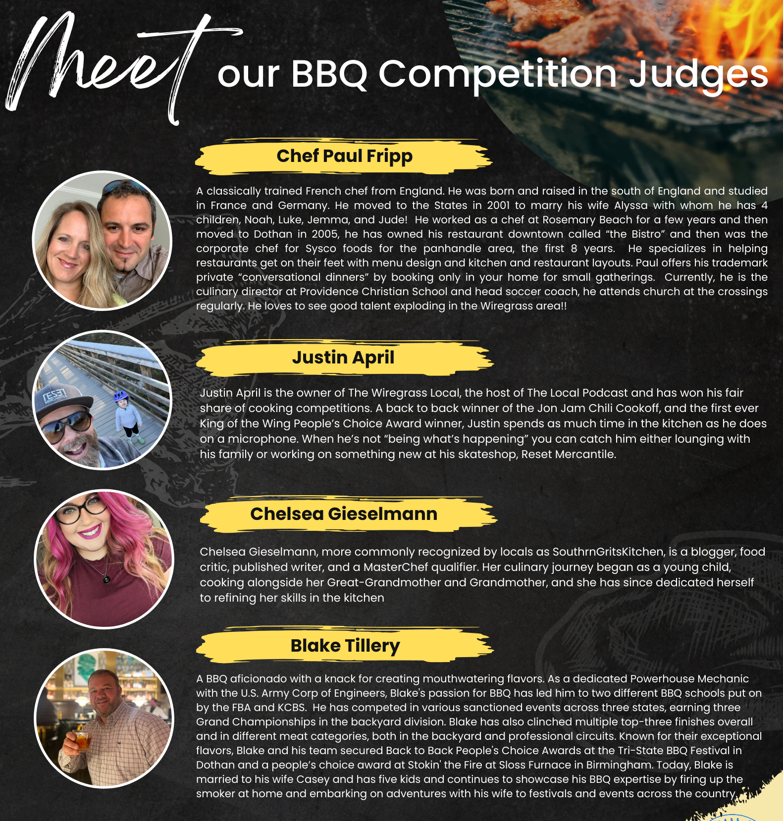 BBQ competition judges: Chef Paul Fripp, Justin April, Chelsea Gosselmann, and Blake Illery.