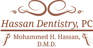 Brown logo for Hassan Dentistry, PC. Includes decorative swirls and the dentist’s name, Mohammed H. Hassan, D.M.D.