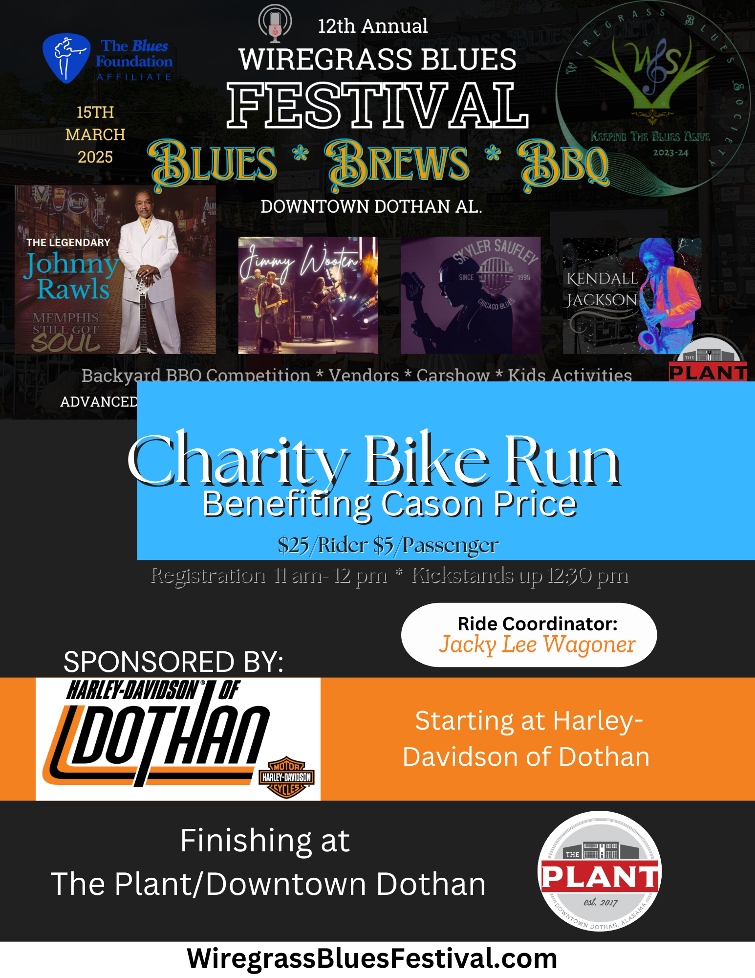 Poster for Wiregrass Blues Festival: Charity Bike Run. Blues, brews, and BBQ downtown Dothan, AL.