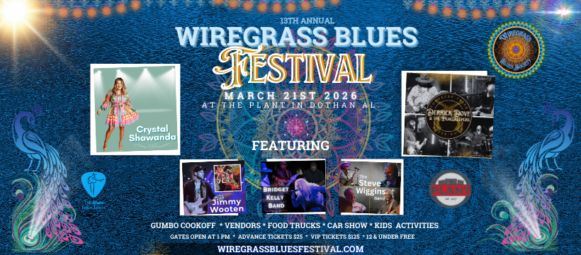 Wiregrass Blues Festival featuring Crystal Shawn and others, March 31st 2024 at Planet Rhythm. Teal background.