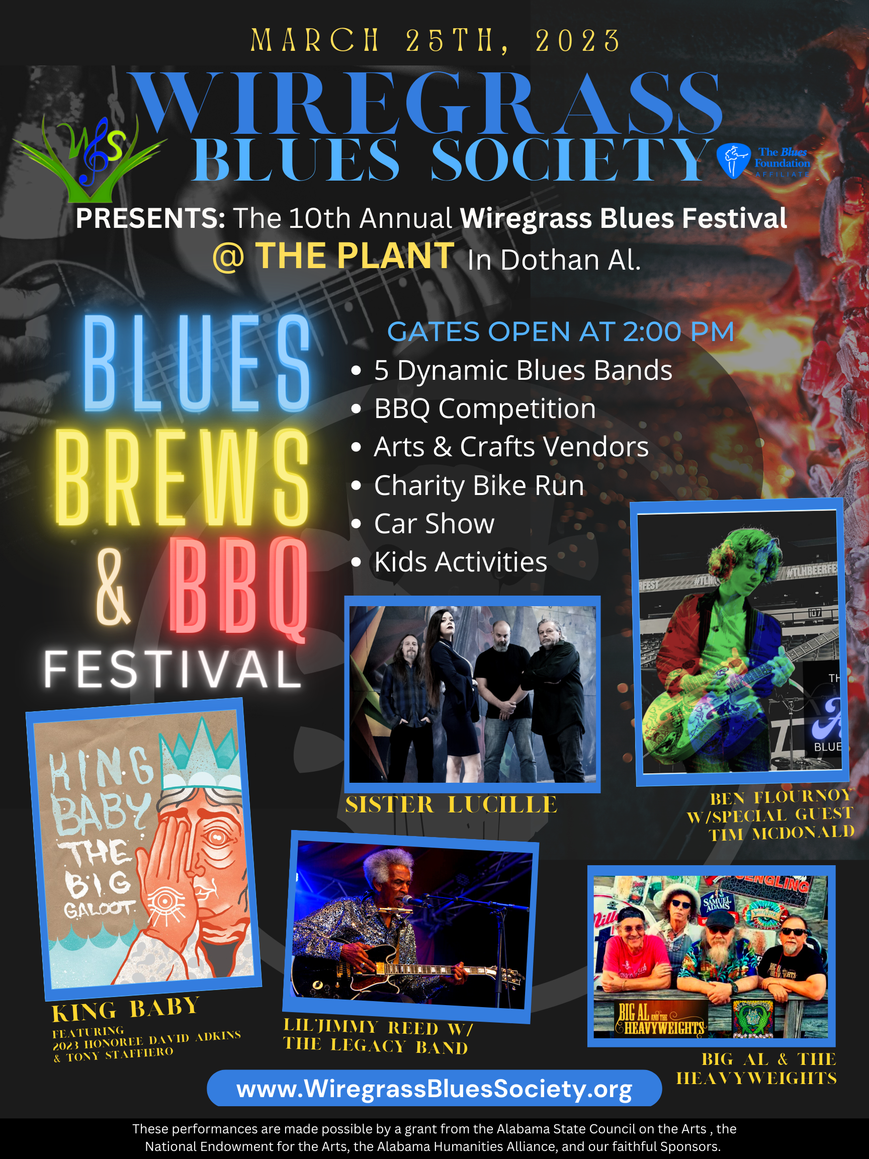 A poster for Wiregrass Blues Festival  blues brews and bbq festival