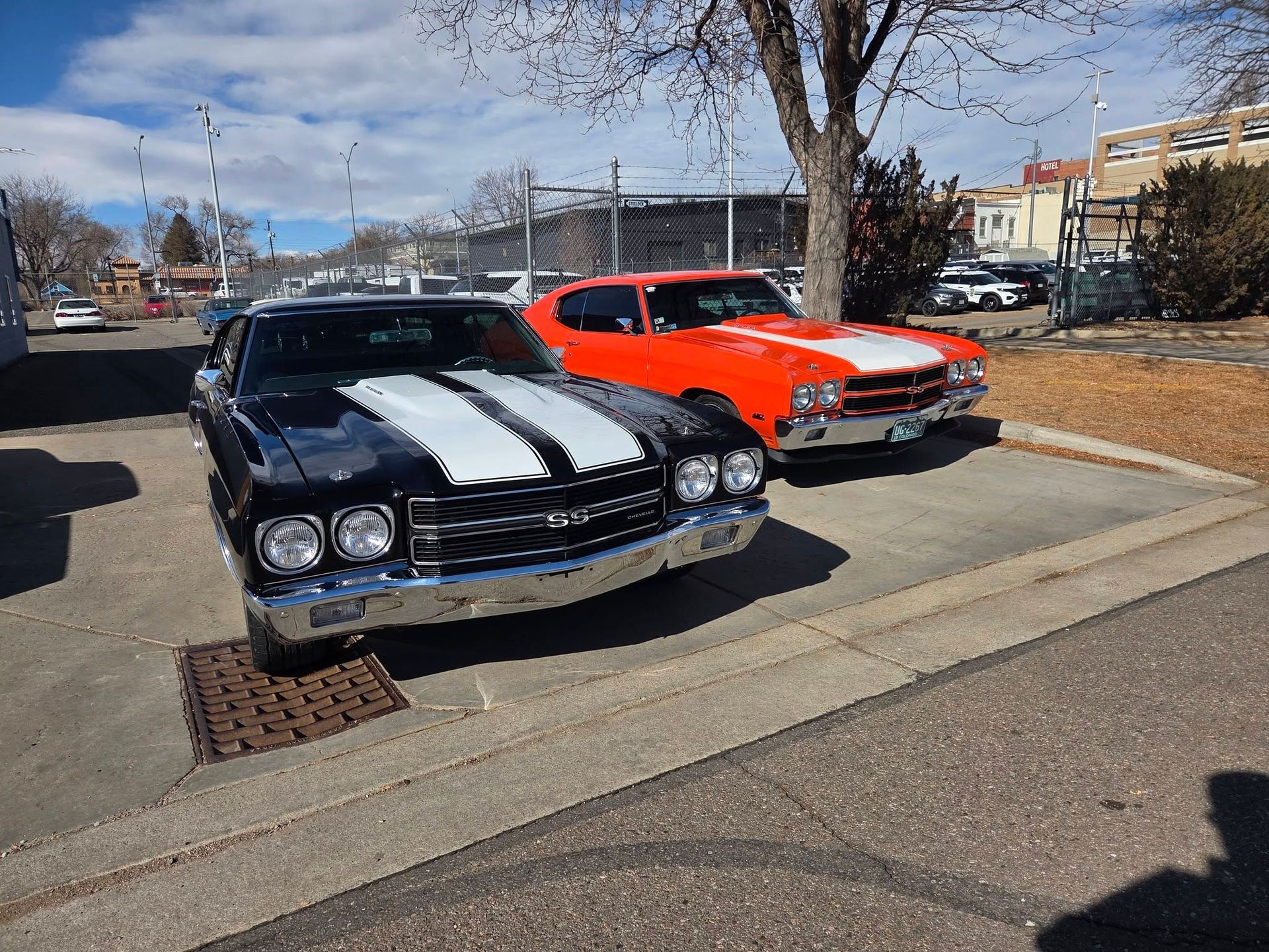 Two classic muscle cars parked curbside, one black with white stripes and one bright orange, on a sunny street.