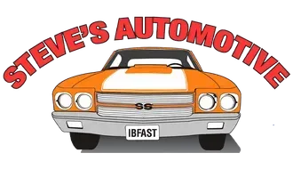 Steve’s Automotive logo with orange classic car and red arched text