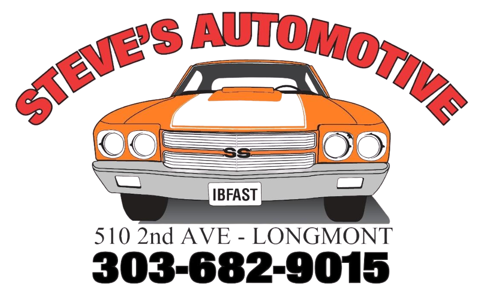 Steve's Automotive logo with orange classic car, address, and phone number 303-682-9015