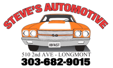 Steve's Automotive logo with orange classic car, address, and phone number 303-682-9015