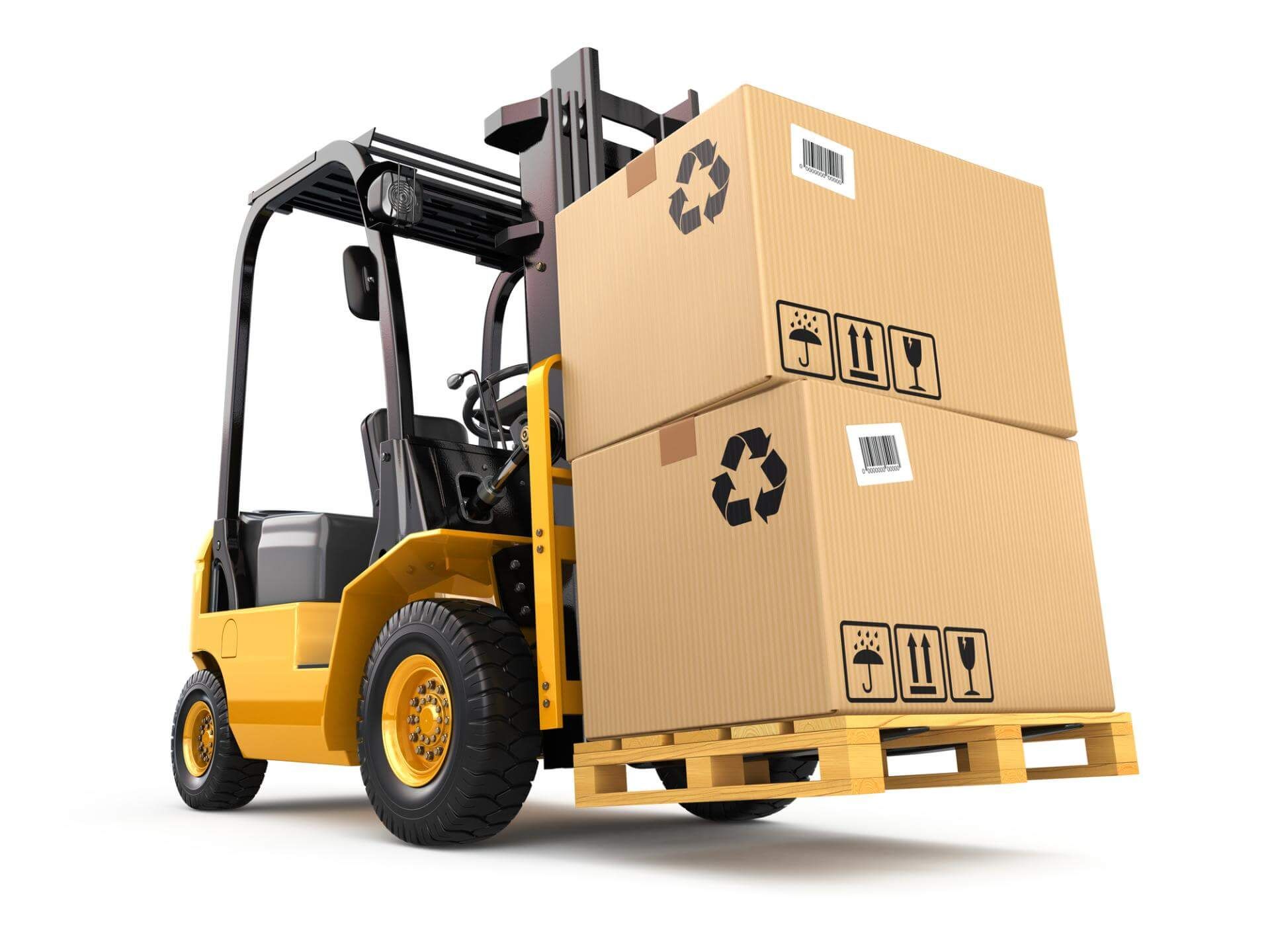 Carrello elevatore giallo che trasporta due scatole di cartone su un pallet di legno.