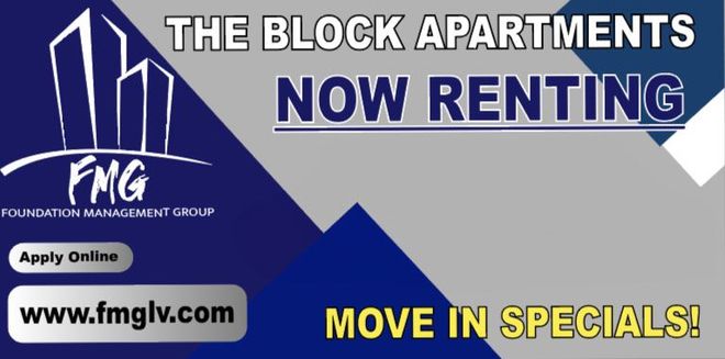 An advertisement for the block apartments that is now renting