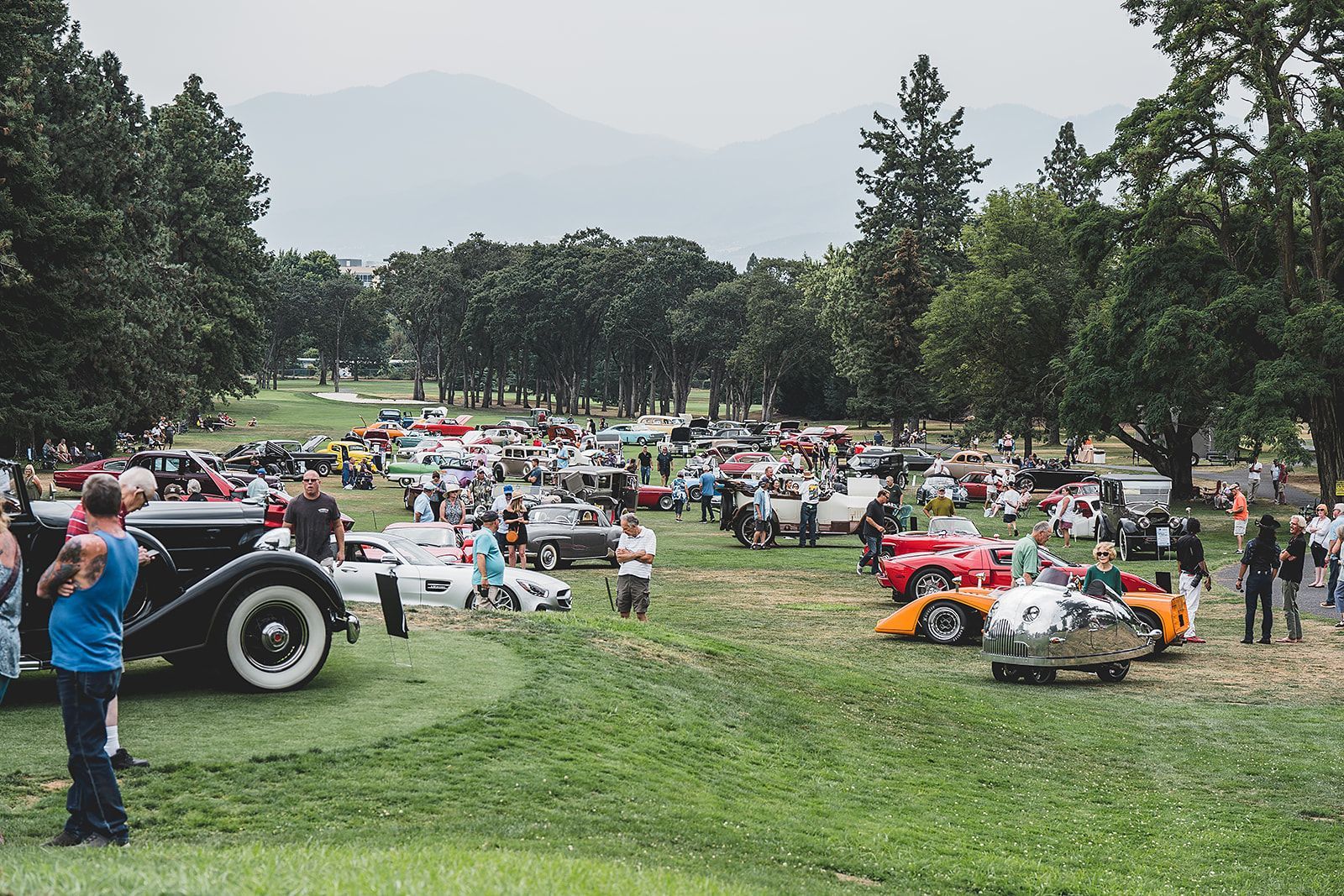 A lot of cars are parked in a grassy field at a car show.