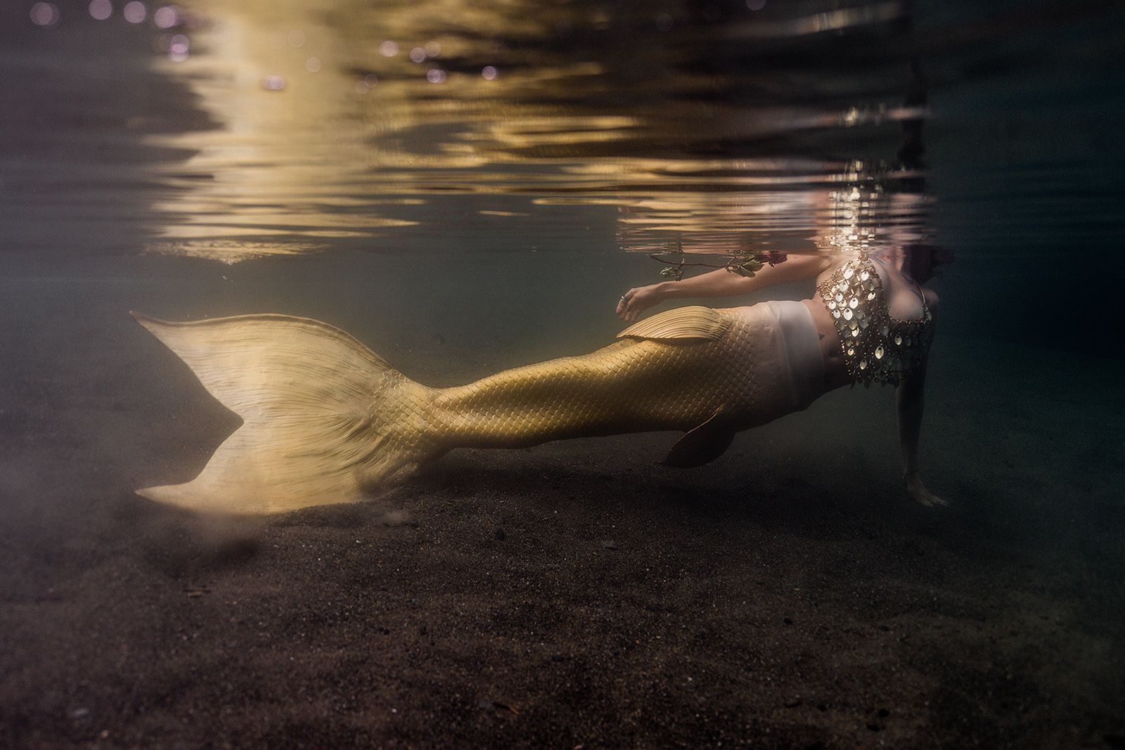 A mermaid is swimming underwater in the ocean.