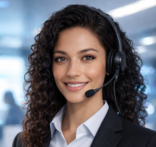 Woman wearing a headset, smiling at the camera, in an office setting.