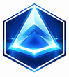 Blue geometric shape within a hexagon, with a glowing central triangle and white highlights.