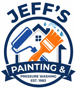 Jeff's Painting & Pressure Washing logo with blue house, paintbrush, roller, and water droplets