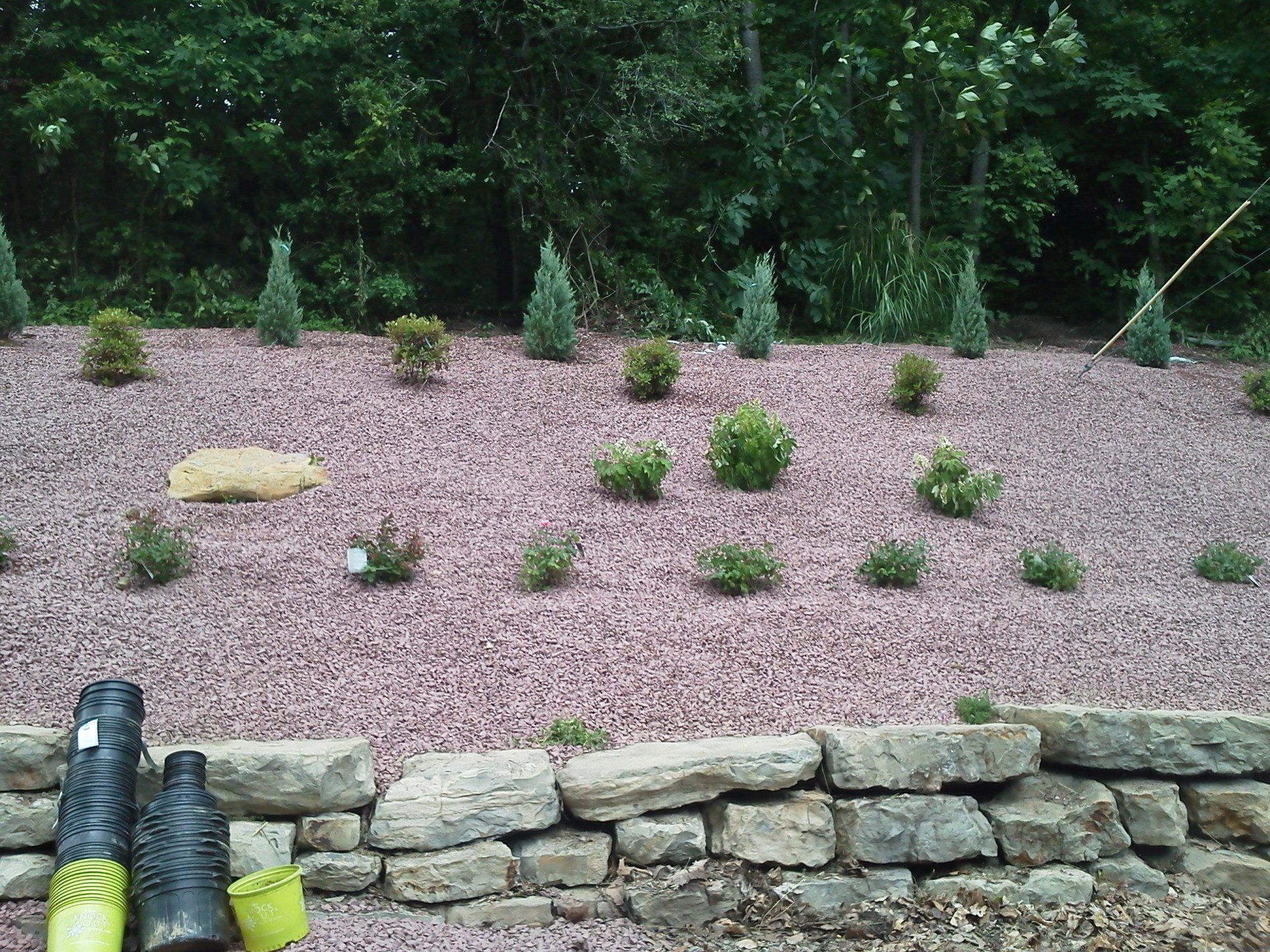 A rock wall is surrounded by gravel and plants.