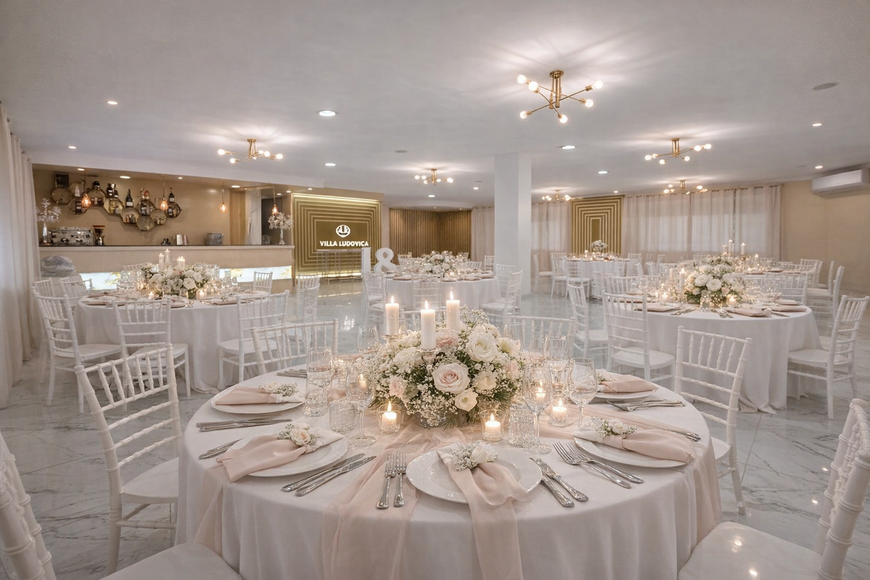 Elegante sala ricevimenti bianca con tavoli rotondi, centrotavola floreali e dettagli dorati per un evento formale.
