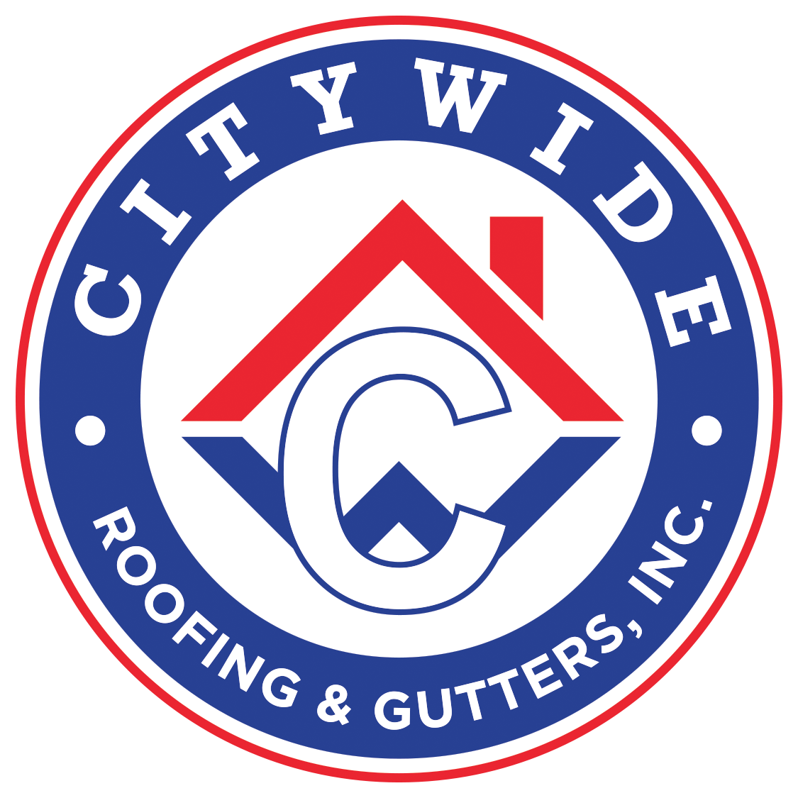 Logo for Citywide Roofing & Gutters, Inc. featuring a red house roof icon over a blue chevron and the letter C.