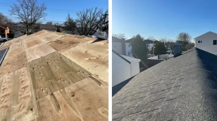 Side-by-side comparison of a residential roof showing plywood decking before and finished asphalt shingles after.
