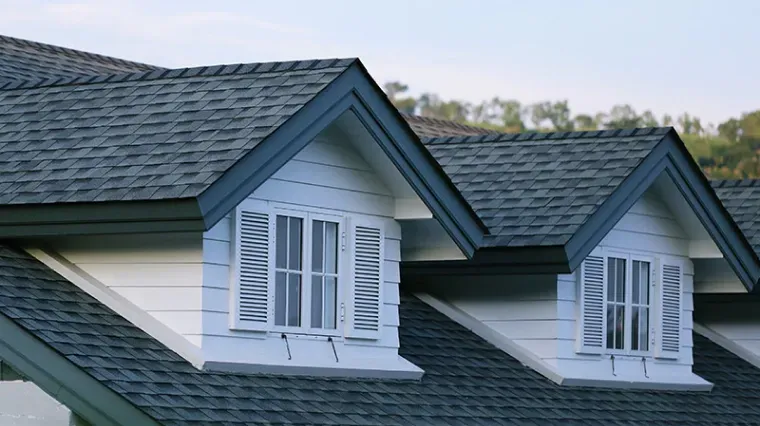 Two white gabled dormer windows with shutters set into a dark gray shingled roof under a light sky.