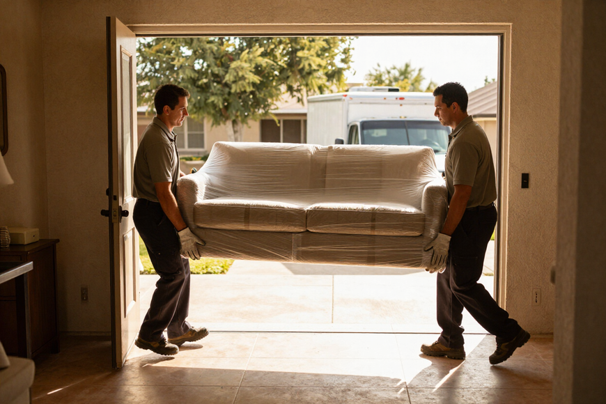 Movers carrying a wrapped sofa out of a home