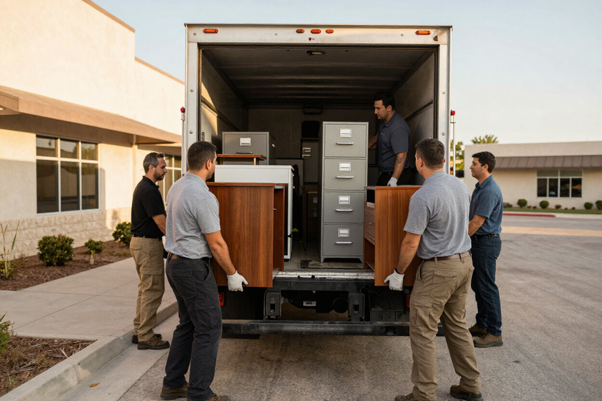 Movers loading office furniture onto a truck