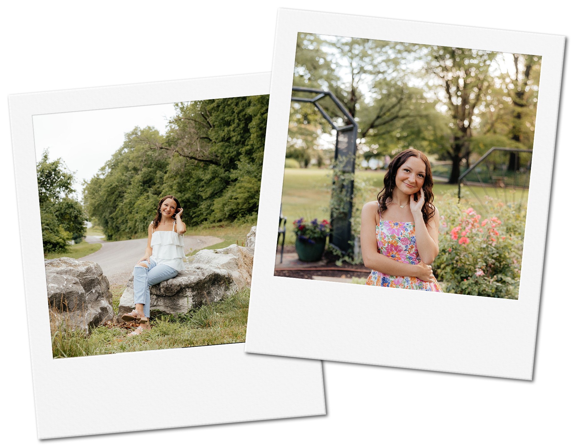 Two polaroid-style photos of a person smiling outdoors. One is sitting on rocks, the other is near flowers.