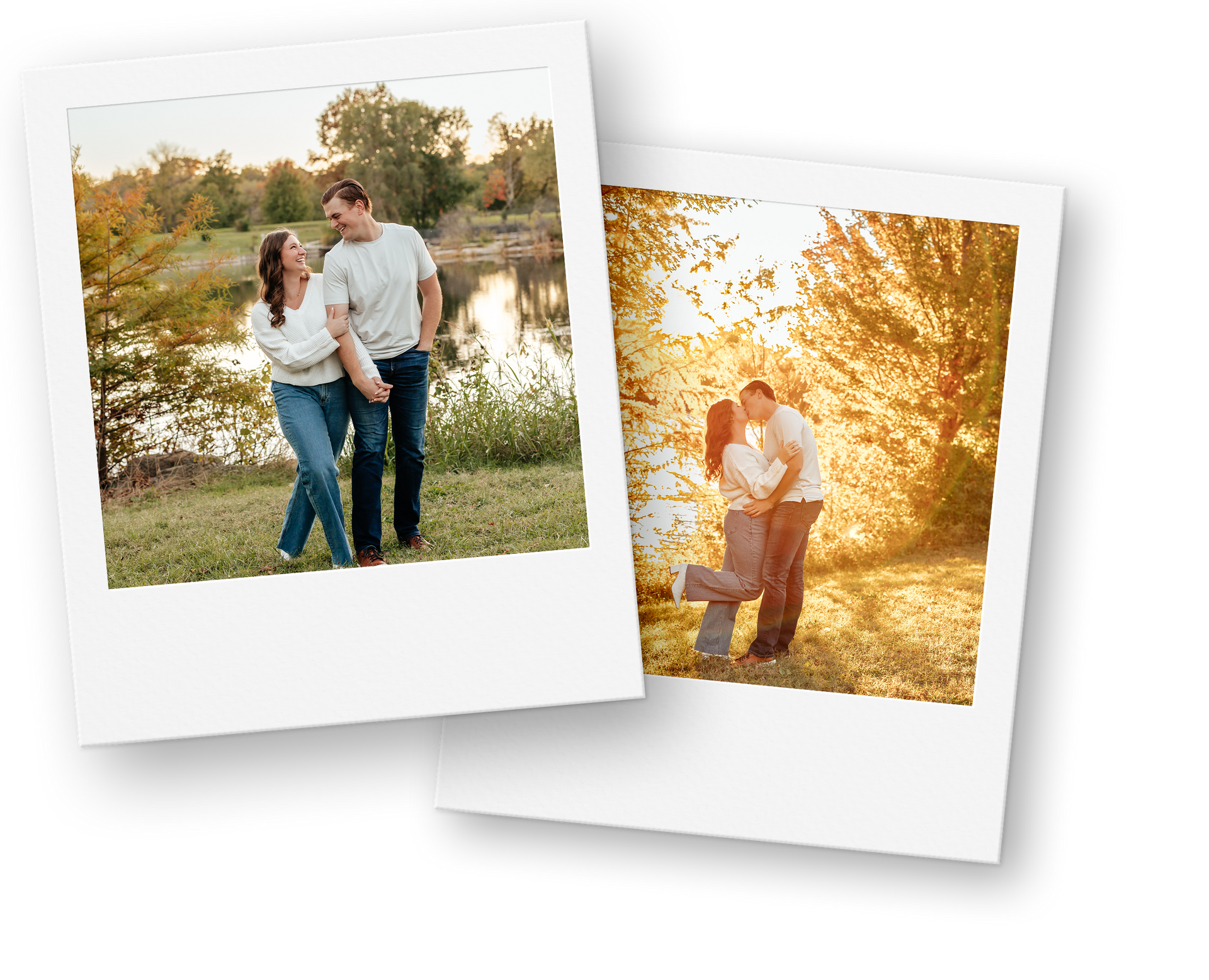 Two photos: couple in outdoor setting, posing, smiling; sunlight, trees, water in background.