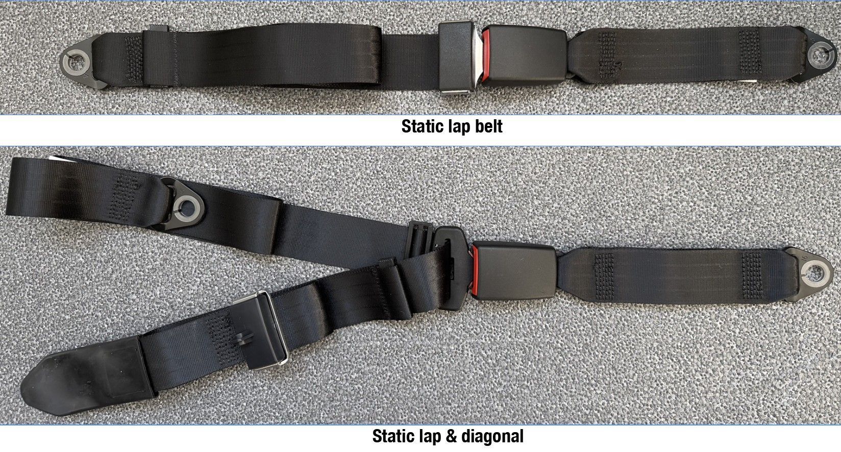 Two black static lap belts laid flat; one is buckled and adjusted, the other is unbuckled.