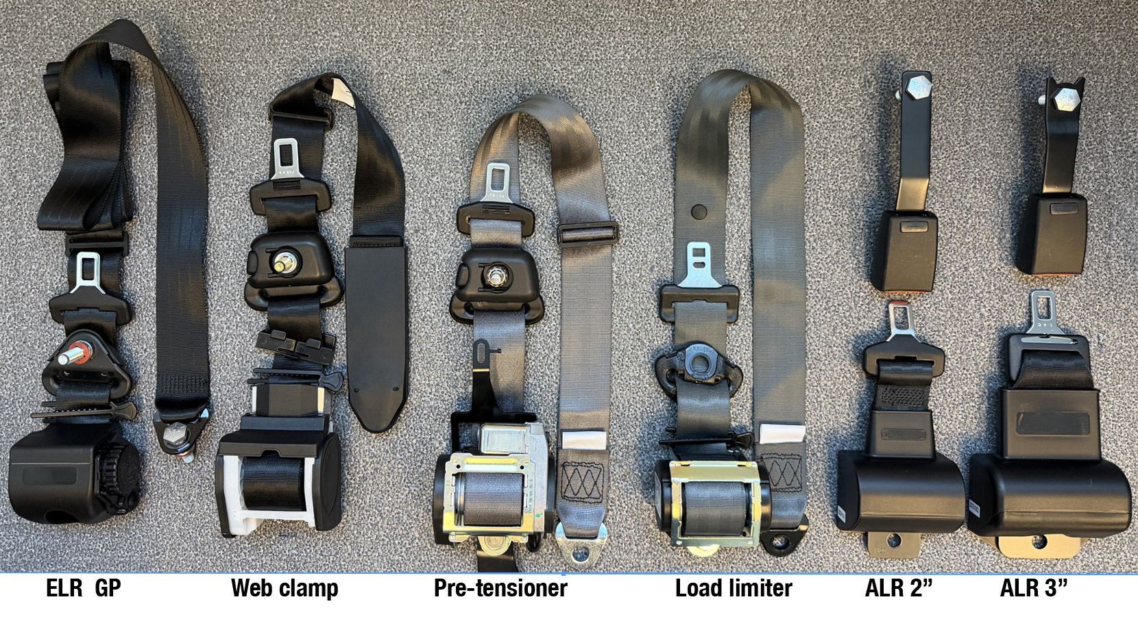 Six close-up photos of adjustable car seat belt buckles and straps in different colors.