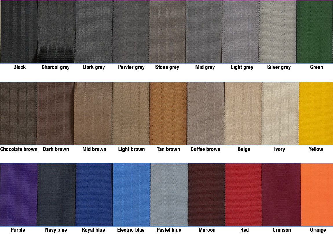Color swatch chart with rows of fabric samples in grays, browns, blues, reds, and yellow.