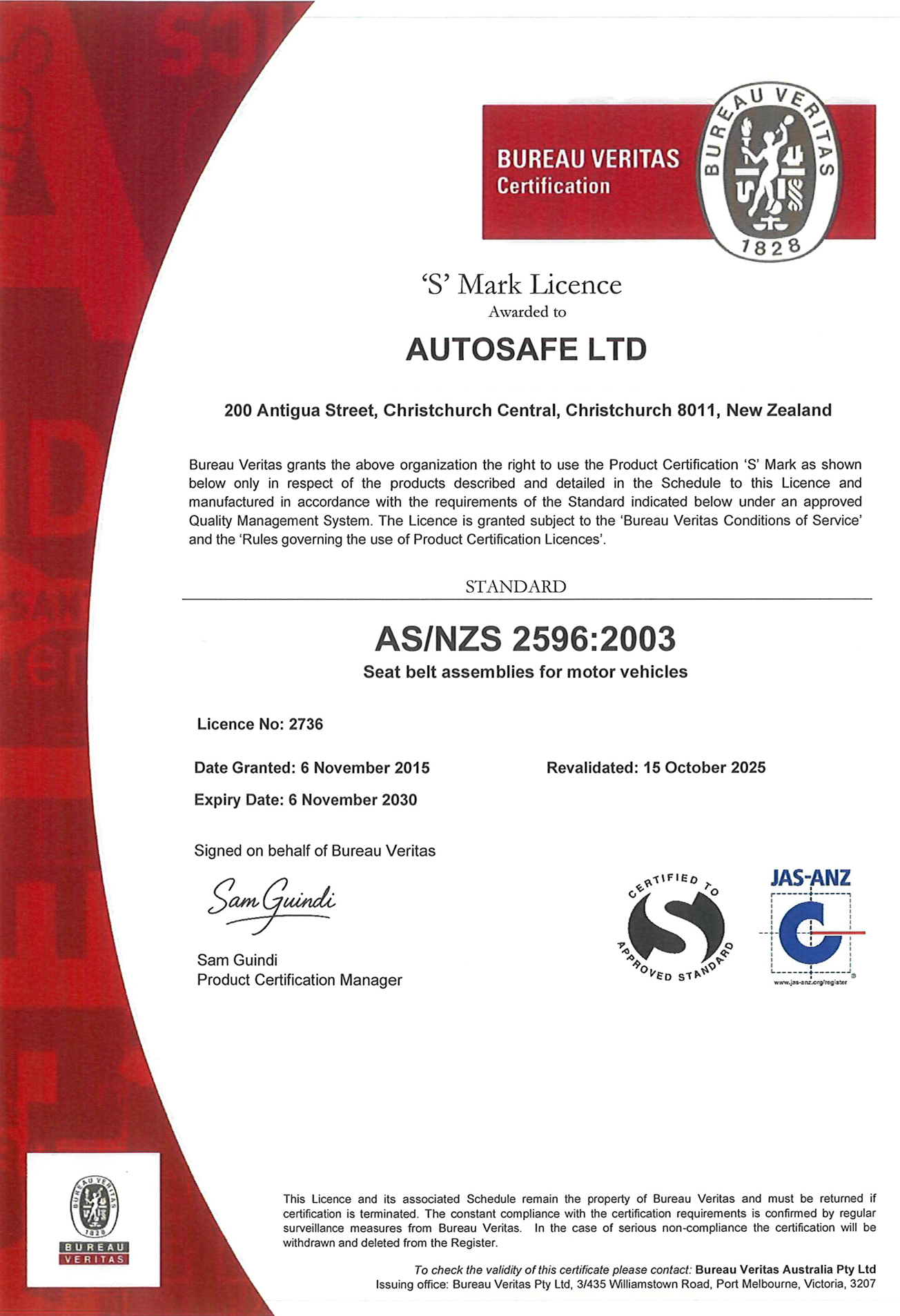 Certificate for Autosafe Ltd, white and red design with official seals and signatures.