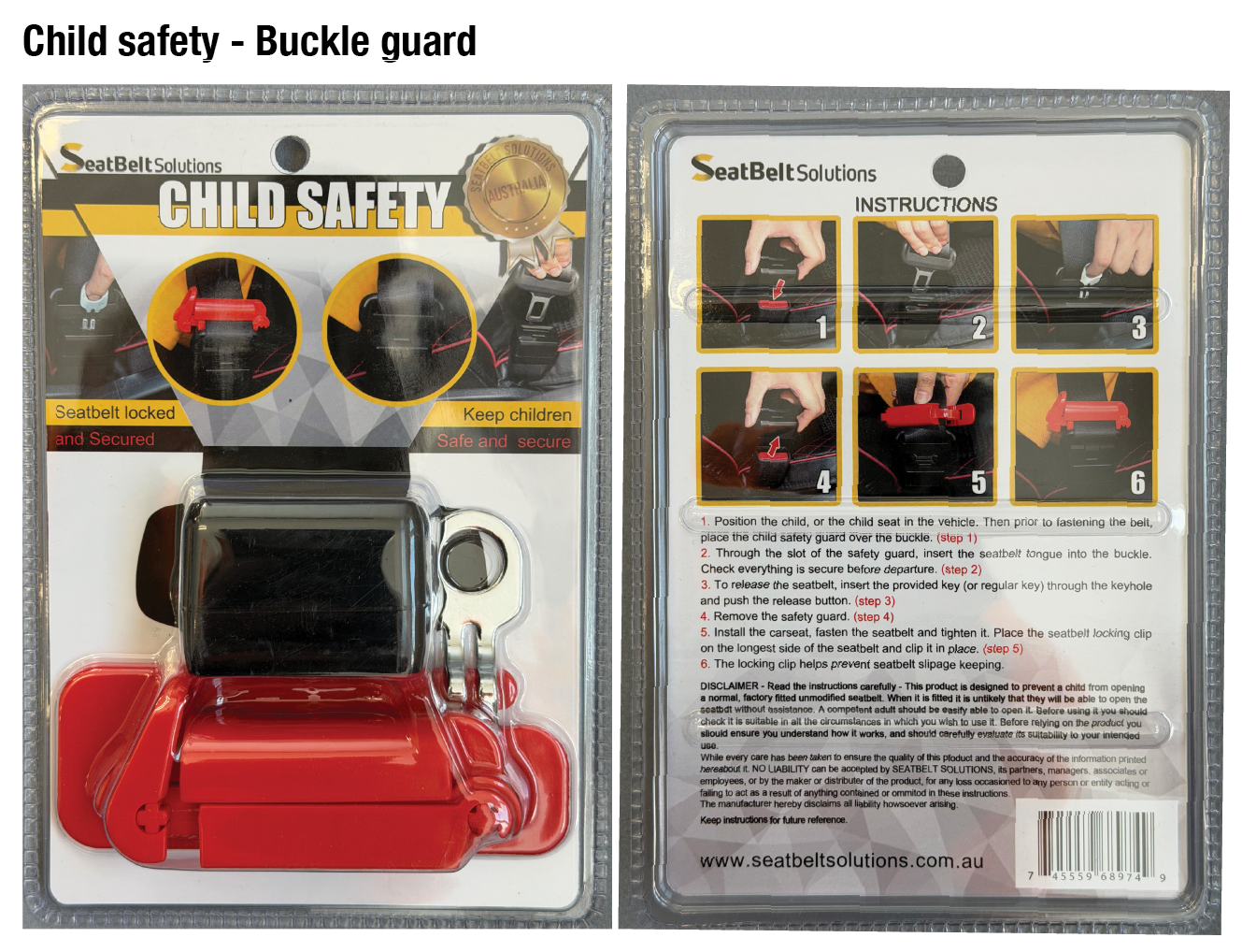 Child safety buckle guard in red and black packaging, front and back views displayed side by side