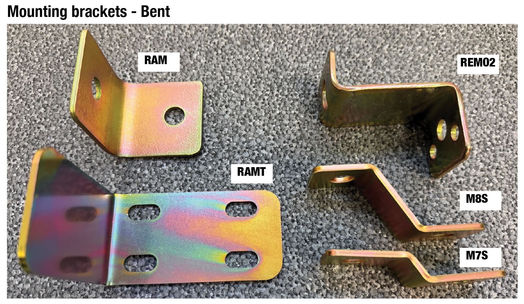 Bent metal mounting brackets in silver, gold, and black, labeled RAM, RAMT, REWD, H05, and H75. Bent metal mounting brackets in silver, gold, and black, labeled RAM, RAMT, REWD, H05, and H75.
