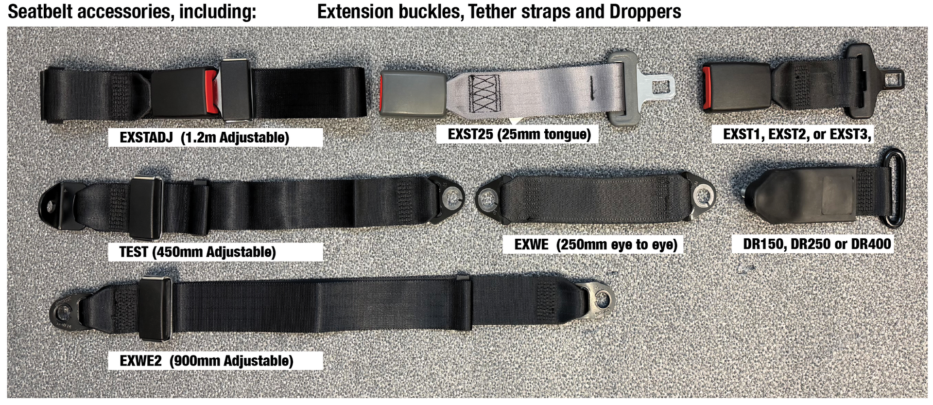 Assorted black straps, buckles, and clips laid out on a gray surface, labeled with part names Assorted black straps, buckles, and clips laid out on a gray surface, labeled with part names
