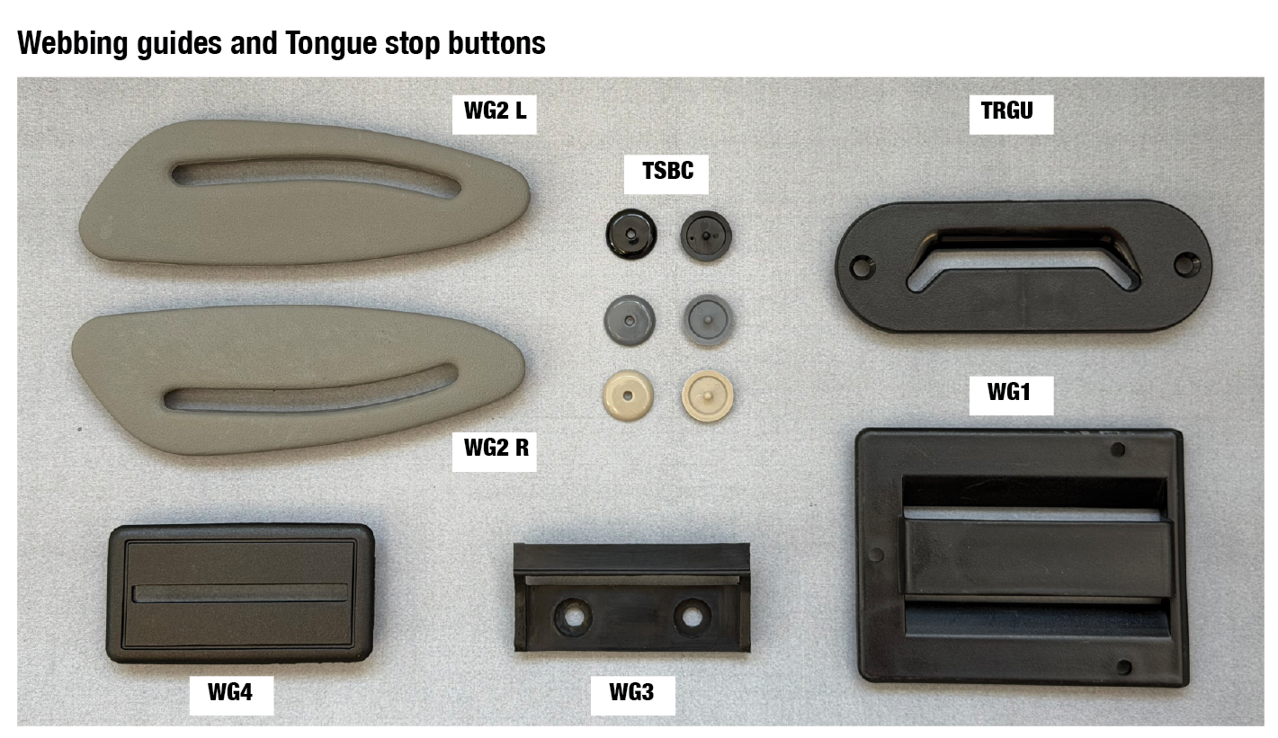 Assorted webbing guide and Tongue stop buttons in gray and black, labeled with size tags on a white background Assorted webbing guide and Tongue stop buttons in gray and black, labeled with size tags on a white background