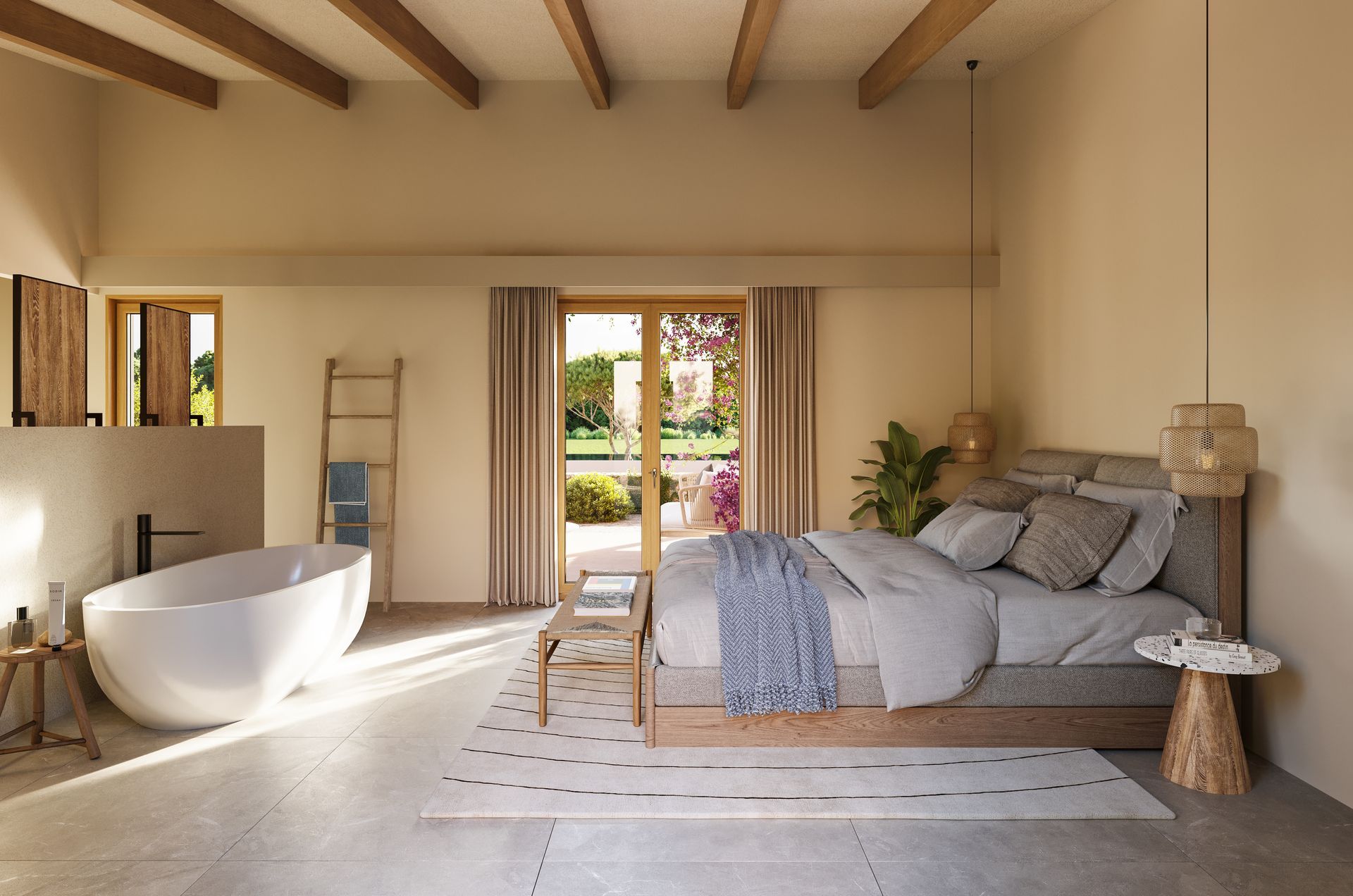 Habitación luminosa con cama, bañera independiente, vigas de madera y puertas que dan a un jardín.