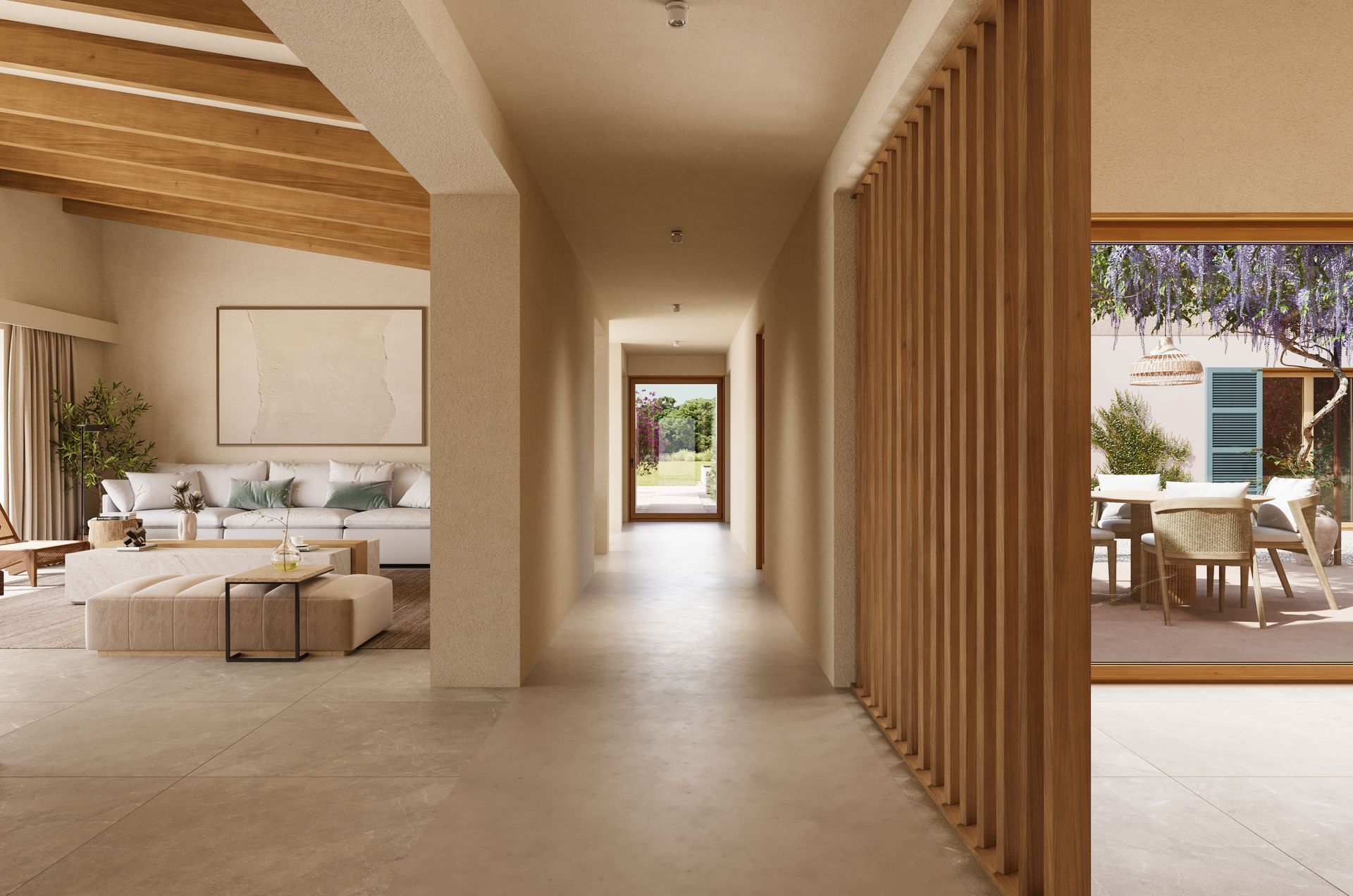 Salón y pasillo luminosos y minimalistas que dan a un patio exterior soleado con tarima de madera.