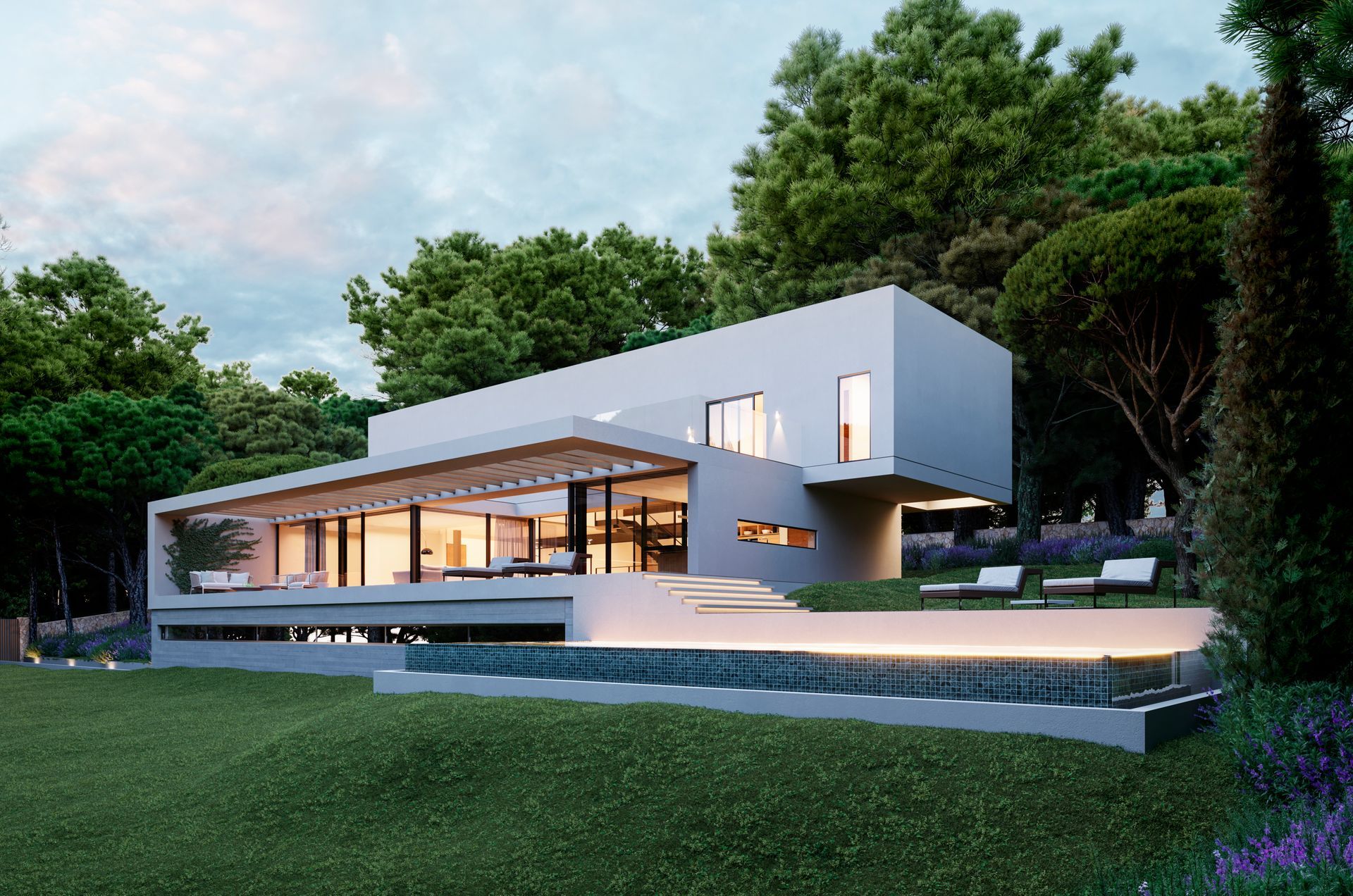 Casa moderna minimalista con grandes ventanales y techo plano, situada en una ladera verde al atardecer.