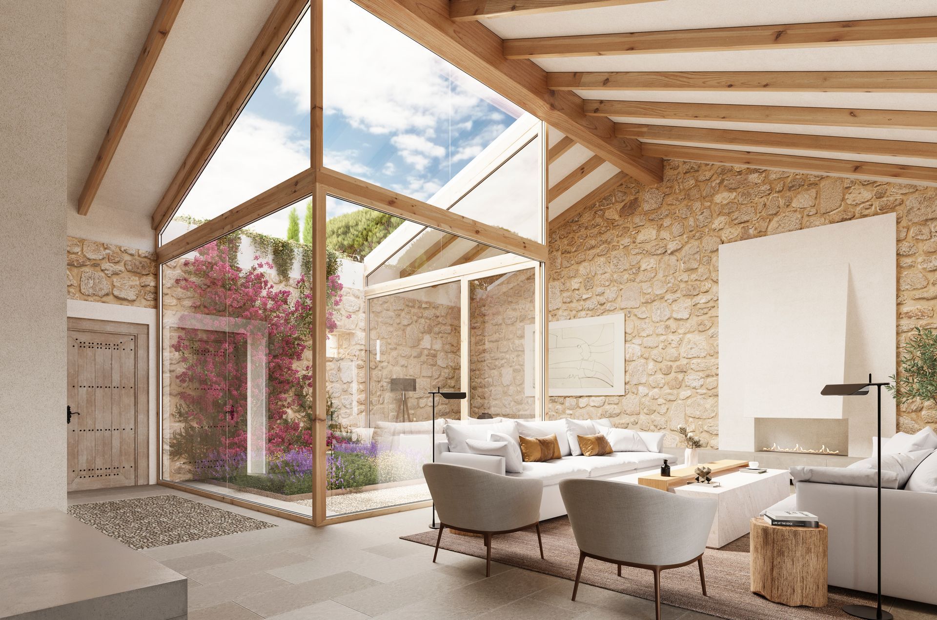 Luminoso salón moderno con techo abovedado de madera, paredes de piedra y grandes ventanales que dan a un patio interior.